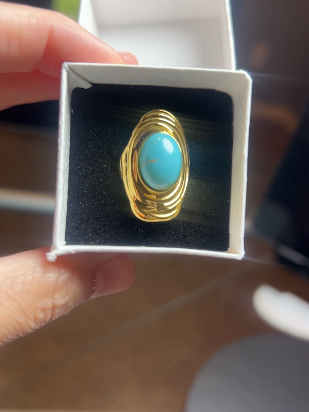 Gold-Plated Ring with Turquoise Cabochon - Women's Fashion Jewelry